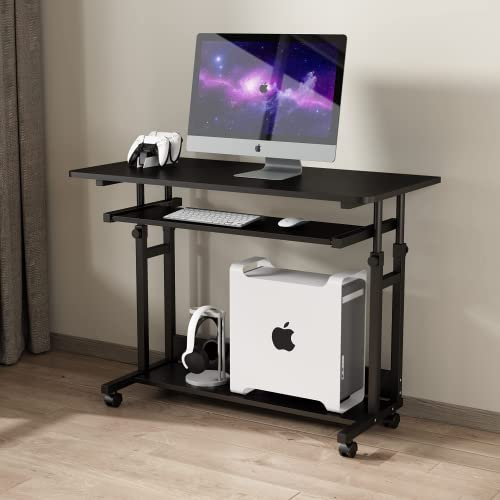 Dripex Schreibtisch höhenverstellbar, Computertisch mit Rollen, Kleiner Schreibtisch auf Rollen, Laptoptisch mit Tastaturauszug, Beistelltisch, platzsparender PC Tisch für Home Office, Schwarz