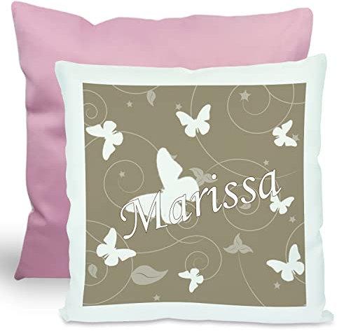 CreaDesign, Kinder Kissen 40x40 cm personalisiert mit Namen, Kinderzimmer Deko Kissen Kinder mit Füllung Federn, Motiv Schmetterling cappuchino, Rückenfarbe Rosa