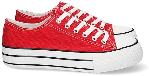 shoes&blues.es 74899-Zapatilla Plana para Mujer, de Doble Suela, Comoda, con Material de Lona, Estilo Bamba Casual, y Cierre de Cordones. Talla 38 Rojo