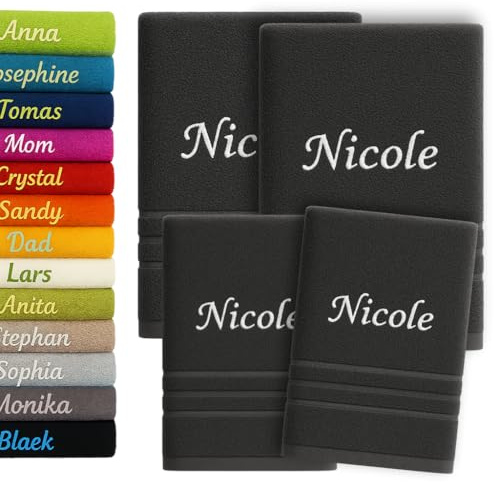 4er Pack Personalisiertes Handtuch und Badetuch mit Namen, Schön gestickter Name Handbadetuch 100 % Baumwollhandtuch 2x (50 x 100 cm) + 2x (140 x 70 cm) Personalized Custom Towel with Name (Graphit)