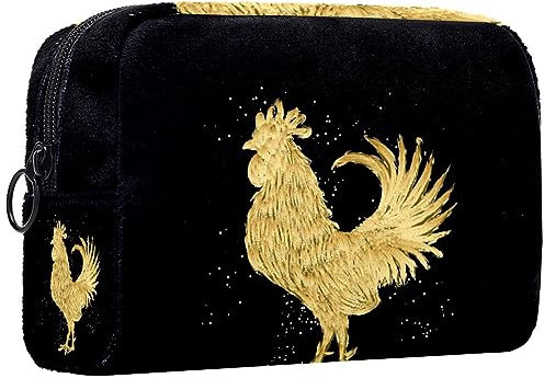 Kleine Schminktasche für Damen,Schminktasche, Reisekosmetiktasche,Goldener Hahn Drucken