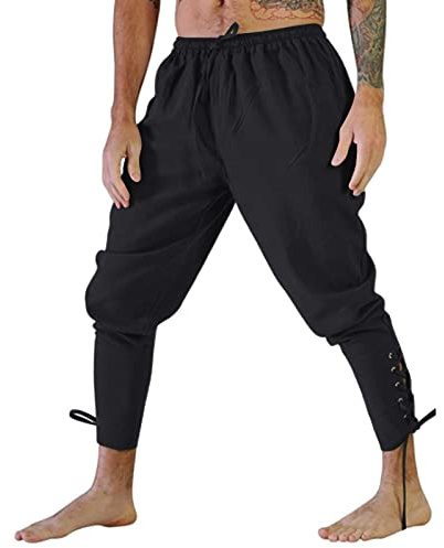 Pantalones medievales para hombre, color negro, para Halloween, corte holgado, ropa de vikingo, ropa vikinga, cosplay, renacentista, steampunk, pantalones de ocio, pantalones de rodilla, estilo