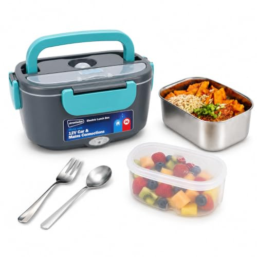 Streetwize - 60W 12V Electric Lunch Box Adults 1.5L Thermal Lunch Box with Fruit Compartment | 230V UK Plug Supplied | Fork and Spoon | Heated Travel Lunch Box for Trucks, Cars, Vans SWLB1