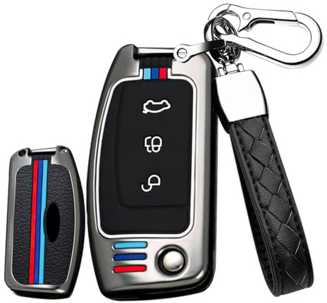 HIBEYO Klappschlüssel Autoschlüssel Hülle passt für Ford Silikon+Zinklegierung Schutzhülle schlüsselhülle für Ford Fiesta Focus Galaxy Fusion S-Max Kuga Ecosport Fernbedienung 3Tasten-A Schwarz