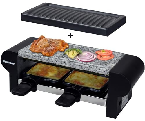 Syntrox Raclette-Grill Set Glarus mit Wechselplatten, Kontaktgrill, Elektrogrill, Antihaftbeschichtung, 350 Watt, für 2 Personen, Edelstahl, Gesellige Runden, Romantischer Raclette Abend