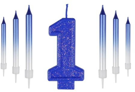 ZHIHUI 7pcs Number Birthday Candles, Blue Number 1 Cake Topper, 1st Birthday Candles, Blue Metallic Shiny Number Happy Birthday Cake Candles for Birthday Party Wedding Anniversary Celebration Supplies