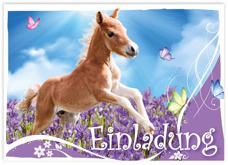 Kigebu 12 Einladungskarten Kindergeburtstag Pferd/Pony [extra stabil] die Geburtstagseinladung für alle Pferdebegeisterten Mädchen und Jungs (Fohlen ohne Kuvert)