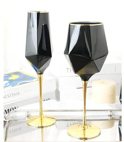Juego de 2 copas de vino negras con borde dorado, juego de 2, copas de champán de 14/23 onzas, copas de vino de metal vintage negras para beber, tostar, aniversario, boda, Navidad (juego con borde