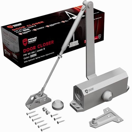 PrimeWare DC-300 Automatic Adjustable Door Closers for Home | Soft Close, No Slam | Residential and Commercial Door Closer | Level 3 | for Doors Weighing 90-140 lbs | Hydraulic Door Spring - Nickel