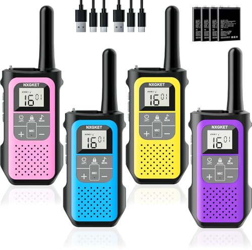 Walkie Talkie per Adulti Bambini, NXGKET Walky Talky Ricaricabile, Lungo Raggio Radio a 16 Canali con Batteria Agli ioni di Litio, Cavo USB-C, VOX per Campeggio e Escursionismo, Set da 4 Pezzi