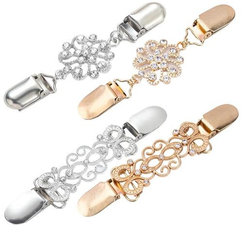 Broschen für Kleidung 4 Stück Clips für Kleidung Silberner Vintage-Kragenschal Cinch Clip Legierung Cardigan Clip Geeignet für Damen-Mädchen-Shirts Strickjacke Kleid(Gold Silber)