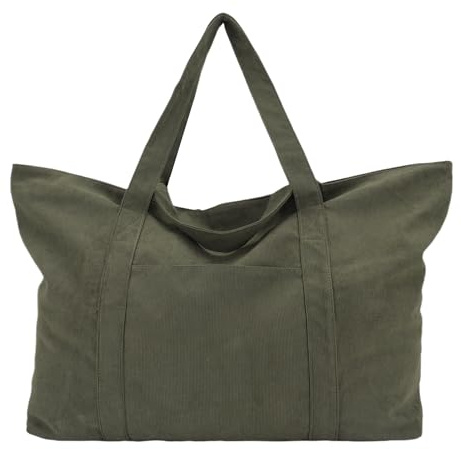 UERRUAM Extra große Strandtasche für Damen, große Wochenendtasche mit Reißverschluss und Tasche für Übernachtungen, waschbarer Cordstoff, Grün , X-Large 43 Liters