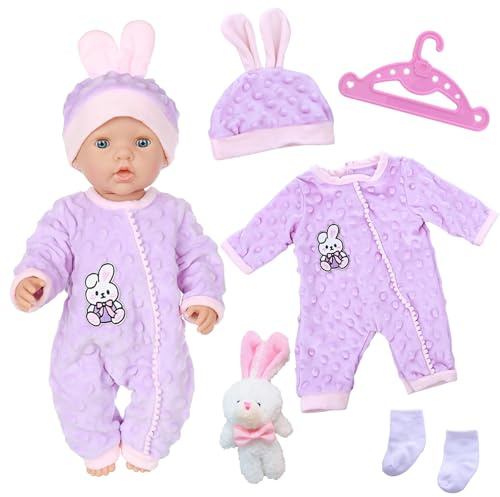 Baby Doll Clothes for 12-18 Inch Dolls, 6 Pcs Purple Bunny Doll Clothes Outfits with Rabbit Doll Hat Socks Coat Hanger for 30-45 cm New Doll Clothes, Sweet Doll Clothes Girls Birthday Gift