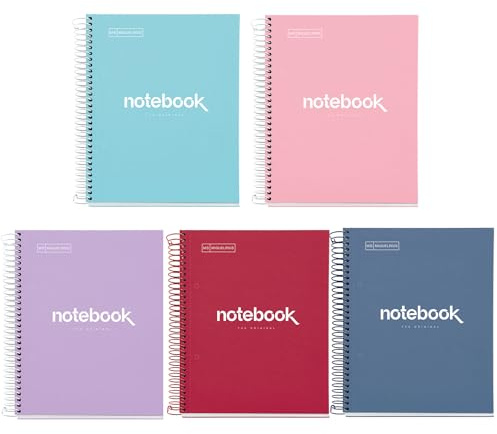 Miquelrius - Pack 5 Cuadernos A5, Notebook Emotions, 120 Hojas 90 g/m², Cuaderno Cuadriculado, Libretas con Tapa Dura y Espiral, 2 Taladros para Archivar, Ideales para la Vuelta al Cole o la Oficina