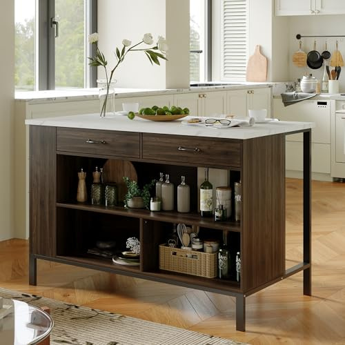 Caldion Kücheninsel mit Tischplatte,Kücheninselschrank,Küchenbuffet mit 2 Schubladen, Küchenschrank mit 3 Offene Regale, Dunkelbraun + Marmorverkleidung,140x75x91,5cm