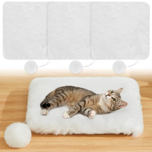 Abbylike 3 Pack 11.8 Square Cat Dog Bed Cushion Pad Mat Faux Rabbit Fur Pet Bed with Ball Anti Slip Soft Washable Cat Tree Tower Replacement Cushion Pad for Crate Cage Carrier Window Perch, White