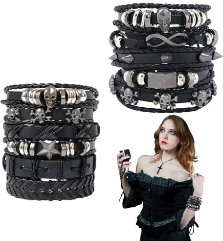 Bracciale Uomo Pelle Intrecciato Set 2 Pezzi Regolabile Stile Punk Rock con Teschio Stella Corda Vintage per concerti Feste Regali Natalizi Halloween