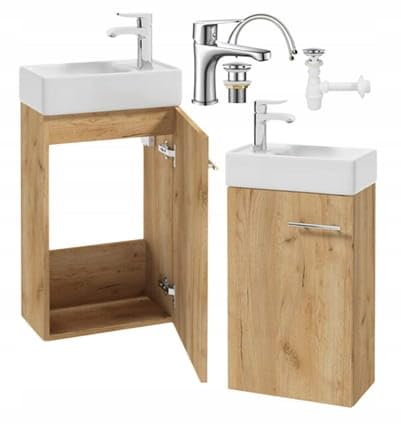 .Deftrans - Lavabo da 40 cm con mobiletto sospeso, set WC per ospiti – Mini lavabi a mano – rovere – incl. rubinetto, scarico, click click, sifone – mobili da bagno piccolo