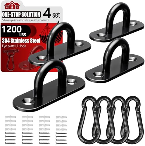 sprookber 304 Stainless Steel Pad Eye Snap Hooks, M8 Heavy Duty Ceiling Hooks, 1200 lb Capacity Hammock Swing Hanging kit, Plant Hangers, Marine Hardware Staple Hook Loop with Screws, Set of 8(Black)