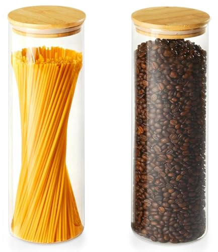 Juego de 2 Tarros de Cristal con Tapa de Bambú Hermética, Botes de Almacenamiento Transparentes para Cocina, Frascos de Vidrio para Alimentos, Ideal para Cereales, Espaguetis y Pasta, 1700ML