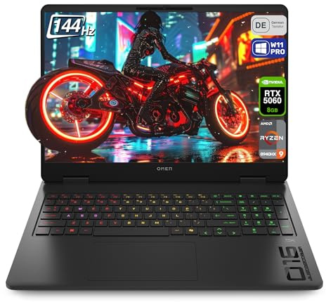 HP Omen 16 Gaming Laptop, AMD Ryzen 9-8940HX, 32 GB DDR5 RAM, 1 TB PCIe SSD, 16 (1920x1200) IPS 144Hz Display, Nvidia G-Force RTX 5060, 4-Zone RGB QWERTZ Tastatur, Windows 11 Pro, Shadow Black