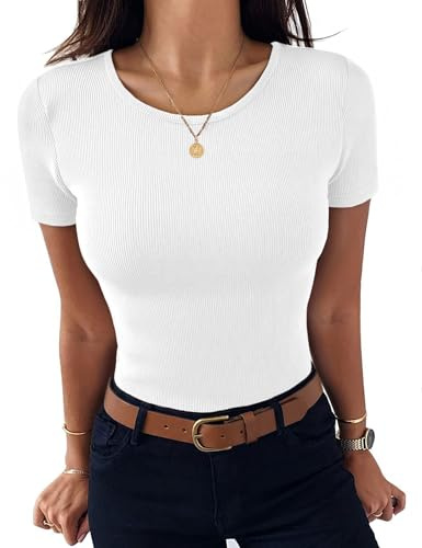Aottori T-Shirt Donna Manica Corta Girocollo Costine Slim Fit Estiva | Maglietta, Basic Top, Elasticizzato, Elegante, Aderente, Tinta Unita, Stile Casual per Tempo Libero