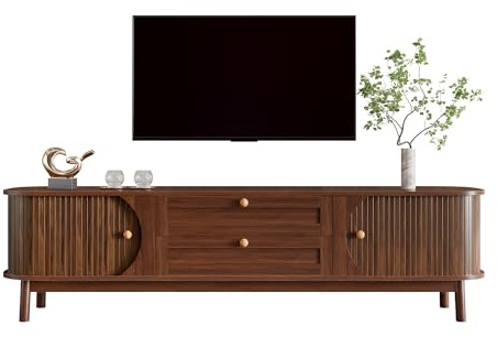 HAINEW lantlig stil TV-skåp, TV-bänk med skjutdörrar och lådor, TV-stativ med oval bordsskiva, TV-skåp för vardagsrum matsal (valnöt)
