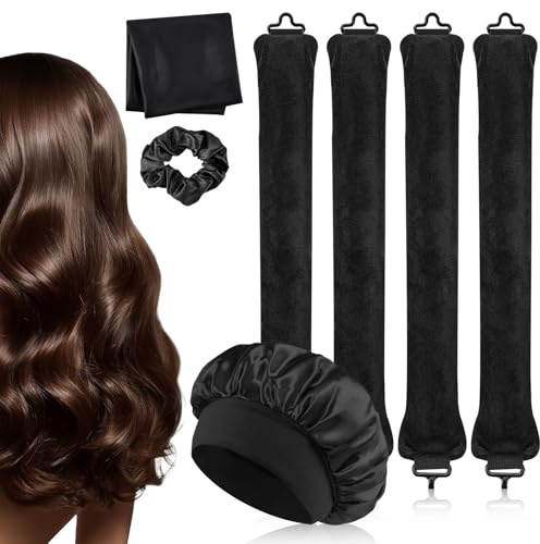 7 Stück Heatless Curls Band,mit Satin-Haartuch,Haargummi und Duschhaube,Overnight Blowout Locken Ohne Hitze, Nacht Seidenhaube,No Heat Styling Tools,Lockenwickler Heatless Curls für Alle Haartypen
