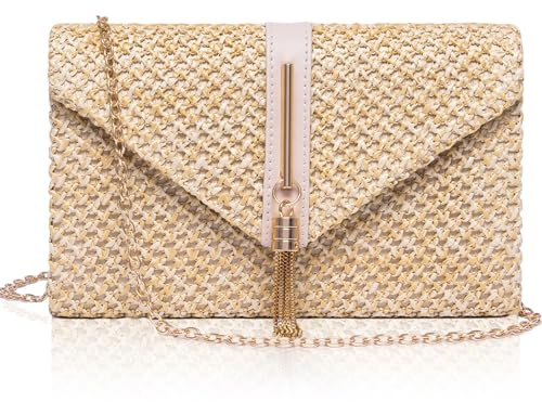 Larcenciel Bolso Mujer Paja, Bolsos Mujer Borlas Verano Playa con Cadena Desmontable, Elegante Boho Sobre Rafia Clutch Fiesta, Casuale Bandolera Cartera de Mano para Bodas Vacaciones, 21.7x5.5x13.5CM