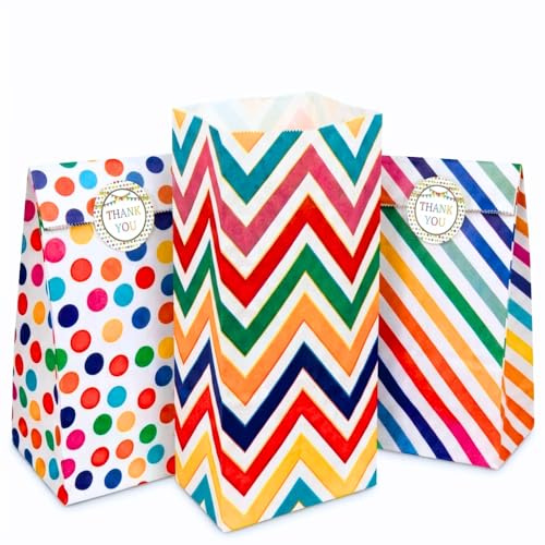 TEEPULL 21 PCS Kraft Paper Party Bags, Kids Party Goodie Bags with Stickers | Rainbow Stripe, Polka Dot & Chevron Designs, Kids Candy Gift Bags, For Birthday, Baby Shower, Wedding