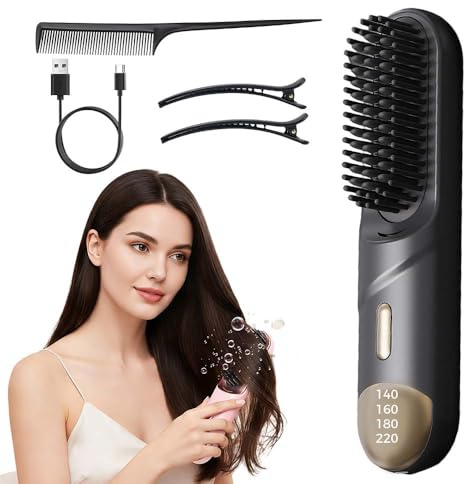 Stylingbürste Für Kurze Haare, 2026 Neu Kabelloser Keramik-Heiz-Haarglättungskamm, Mit 4 Temperaturstufen Und Schneller Aufheizzeit Für Frauen, Alle Haartypen Einen Seidig Glattes Haar (Schwarz)