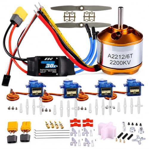 DIY RC Airplane Kit A2212 KV2200 Motor, 30A ESC, 4 Servos, 2 Propellers | Complete kit includes 4 SG90 servos, XT60 connector, motor mount, Z-bend linkages, and all required linkage hardware.