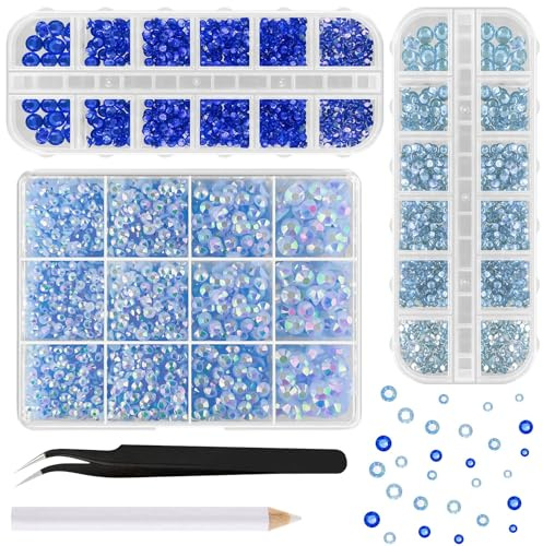 ASTARON Strass azules para manualidades, 12000 unidades de piedras preciosas de resina con dorso plano de 2 mm a 6 mm, diamantes deslumbrantes para decorar uñas, vasos y tazas