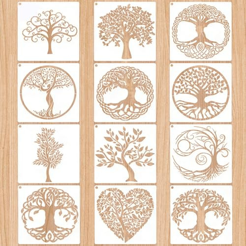 12 Stück Baum des Lebens Schablonen, Wiederverwendbare PET Zeichenvorlagen zum Malen, Weiße DIY Basteln Vorlage für Wanddekoration und Handwerk, 15x15 cm