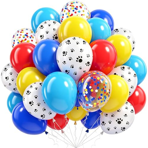 Hundtassballonger, 60 stycken gula blå röda ballonger födelsedag, 30 cm hund tass-tema heliumballonger med konfettiballonger för födelsedag pojke dop baby shower konfirmatio