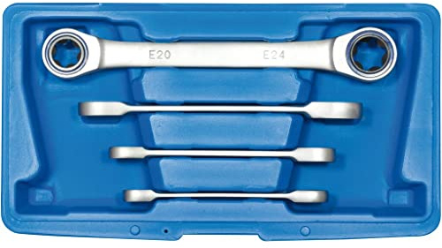 SW-Stahl 03415L Doppel-Ringratschenschlüssel Satz, 4-tlg E6-E24 E-Profil | 72 Zähne mit 5° Schwenkwinkel, Chrom-Vanadium-Stahl, mattverchromt, 8 Größen, Ringschlüssel Set für Profis und Heimwerker.