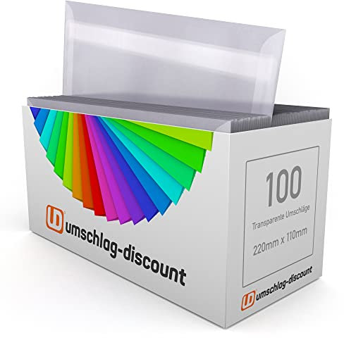 umschlag-discount – transparente Briefumschläge aus Pergamin-Papier für Infoschreiben, Gutscheine, Einladungen & Co – 100 Stück selbstklebende Briefkuverts mit den Maßen 220 x 110 mm (DIN lang)