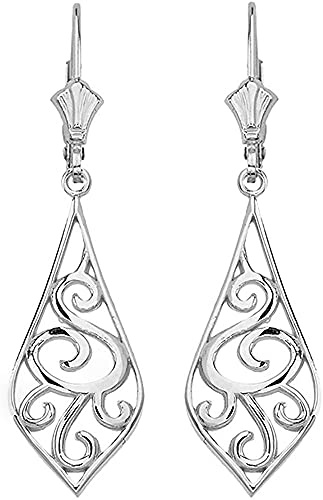 14K White Gold Art Nouveau Swirl Teardrop Dangle Leverback Earrings - 1.42