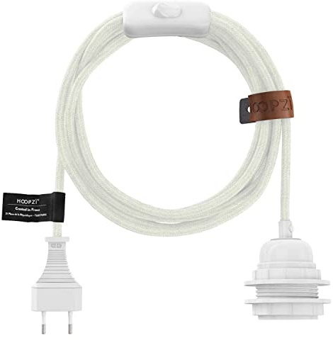 Hoopzi Bala Lampe Baladeuse Déco à Suspendre Attacher Enrouler | Fil Électrique en Lin 4,5 mètres, Douille E27, Prise et Interrupteur, Suspension Luminaire, Couleur Blanc/Blanc