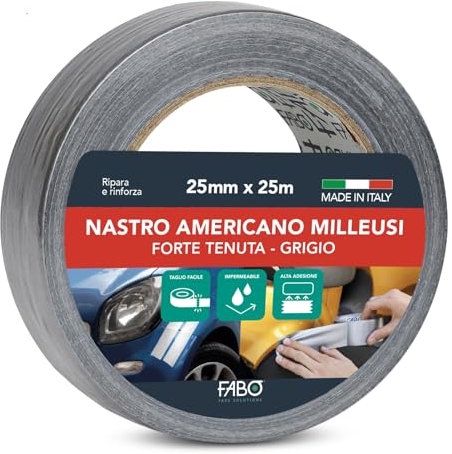 Fabo Nastro Telato 25X25 Nastro Americano Universale Milleusi Forte Tenuta Lunghezza 25 metri X Larghezza 25mm. Rinforzato Impermeabile Grigio