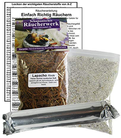 LAPACHO Rinde Zauberkraut zum RÄUCHERN. 14-TLG Räucherset - 60ml Räucherwerk mit Räucherkohle (10x) + Räuchersand + Räucheranleitung + Lexikon der wichtigsten Räucherstoffe A-Z. 82060-X43
