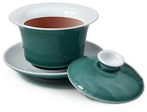 Liang baobao Set di tazze da tè in porcellana Gaiwan da 150 ml, colore: bianco smaltato, con coperchio e piattino (verde)