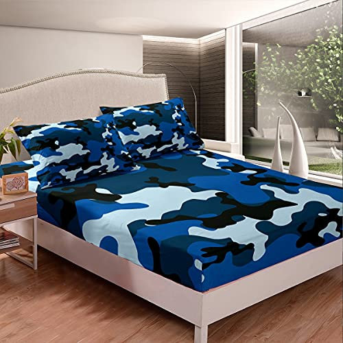Kids Camo Bed Sheet Set Boys Army Camouflage Bedding Sheets Teens Youth Man Colorful Pattern Art Decor Bedding Fitted Sheet Dark Blue Bed Cover Room Decor 2Pcs Twin Size