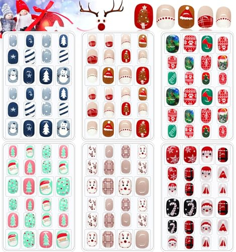 EBANKU 6 Stücke Weihnachten Kinder Falsche Nägel | 3D Full Cover Fingernägel Niedliche für Mädchen DIY Nail Art Dekoration（Weihnachtsmann Schneemann Weihnachtsbaum）