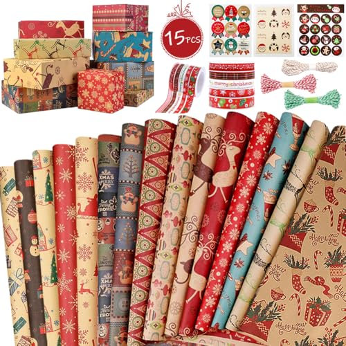 OEMG Weihnachten Geschenkpapier set, 15 Blatt Recycling Kraft Weihnachtspapier 70x50CM mit Packseil Aufkleber und Geschenkbänder Gesamt 61 STK, Papier für Kinder Geburtstag (15 PCS * 70X50CM)