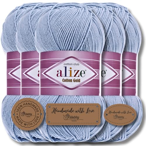 Hobby YARN 3x Etikettenlabel mit Alize Cotton Gold Wolle Premium 5x100g als Set, Yarn, Garn, Sommerwolle, Baumwolle, Strickgarn, Einfarbig, Baby, Kleidung, Schals (40)