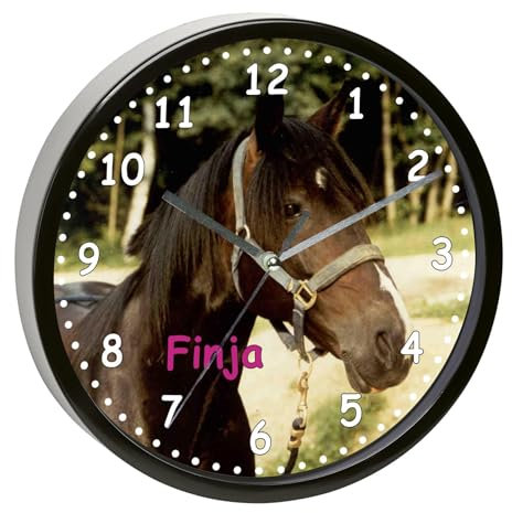CreaDesign, Wanduhr für Kinderzimmer Pferd Orignial, Kinderuhr schwarz mit Quarz Uhrwerk, personalisiert mit Name, Durchmesser 19,5 cm
