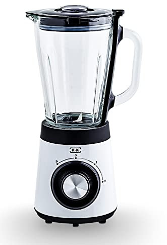 KHG Standmixer 500 Watt Smoothie Maker, Ice Crusher, Mixer mit 1,5 Liter Glasbehälter und Messskala weiß | 4-fache 3D Edelstahlmesser, 2 Geschwindigkeitsstufen und Impulsfunktion