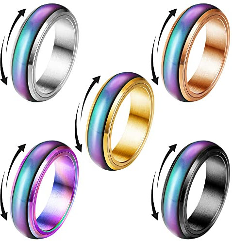 YADOCA 5 Stück Stimmungsringe Spinnerringe für Frauen Männer Mädchen Kinder Edelstahl Emotionsring Temperaturwechsel Farbe Stressabbau Fidget Ring Anxiety Rings 52