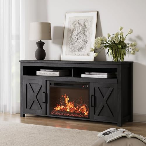 BELLEZE Corin 58 TV Stand with 23 Electric Fireplace - Rustic Grey
